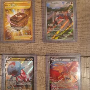 4 Pokemon Cards Koraidon, Dracovish V, Box Of Disaster, And Ho - Oh V
